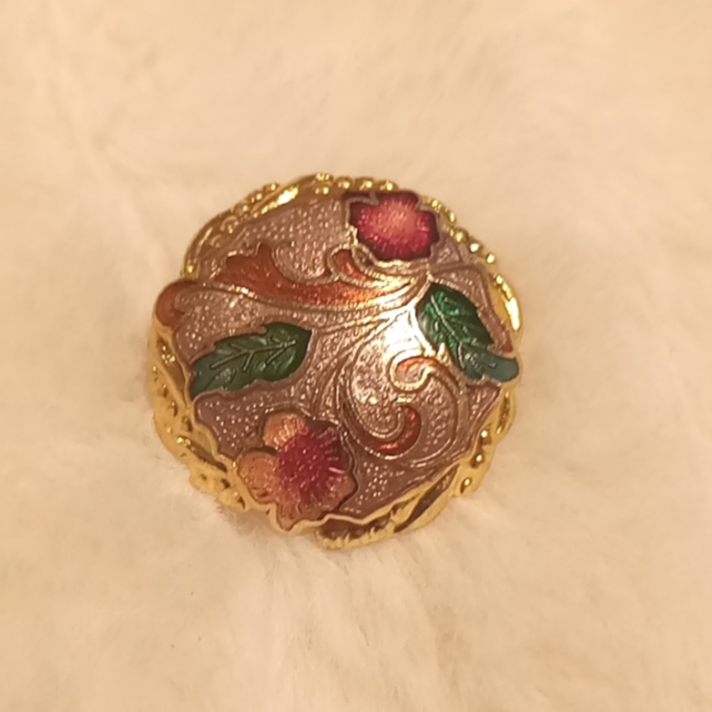 Vintage round gold multi color pin floral design